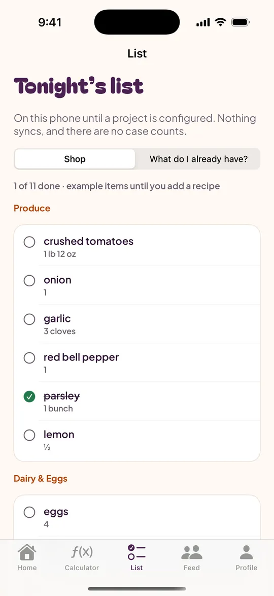Infamous Bytes app screenshot: Shopping list